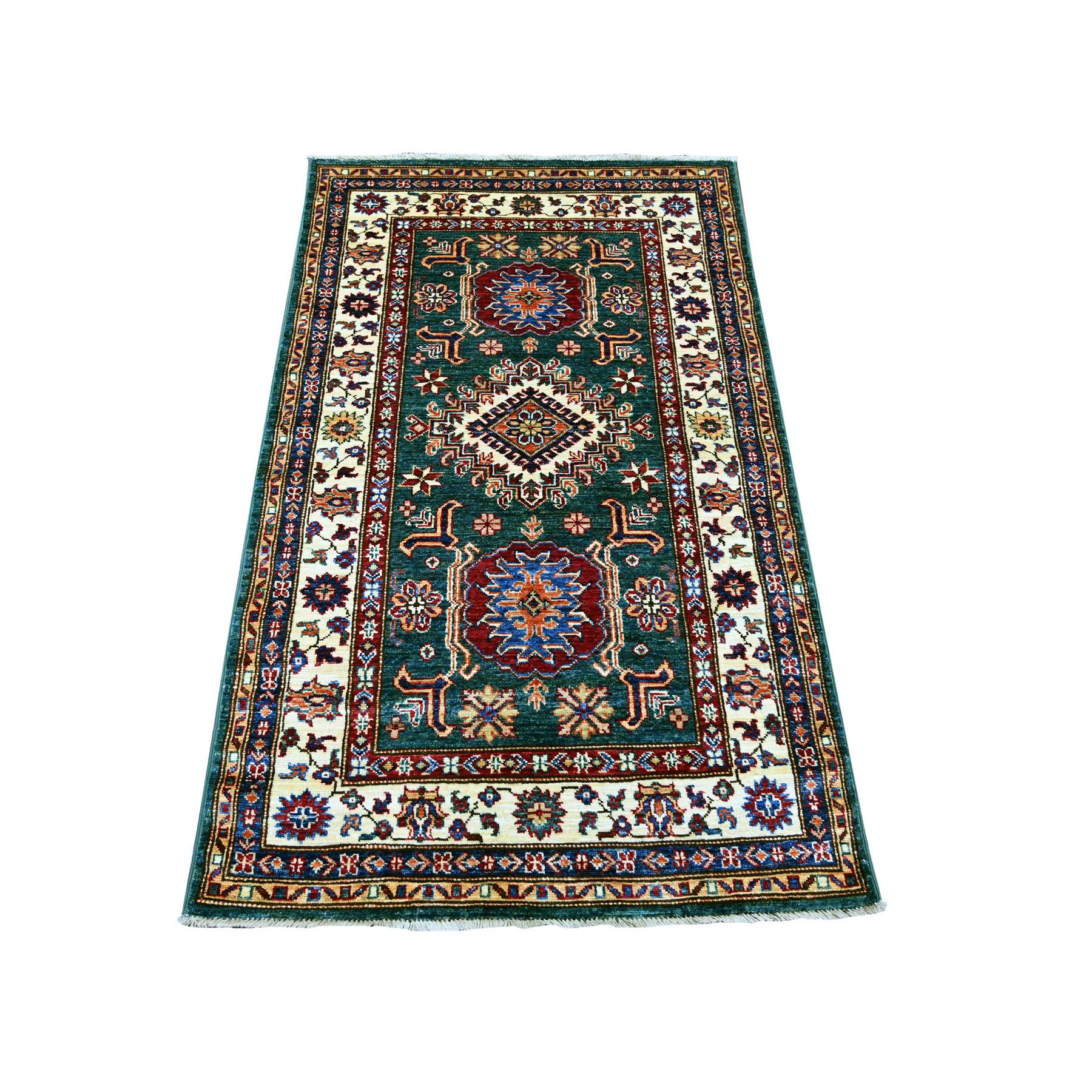 3'1"x5'1" Tropical Rainforest Green, Vegetable Dyes, Afghan Super Kazak with Geometric Medallions Design, Hand Knotted, Pure Wool, Oriental Rug 